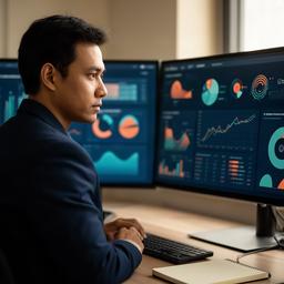 Ketua analitik data lelaki menyemak visualisasi margin dan aliran tunai pada skrin pejabat